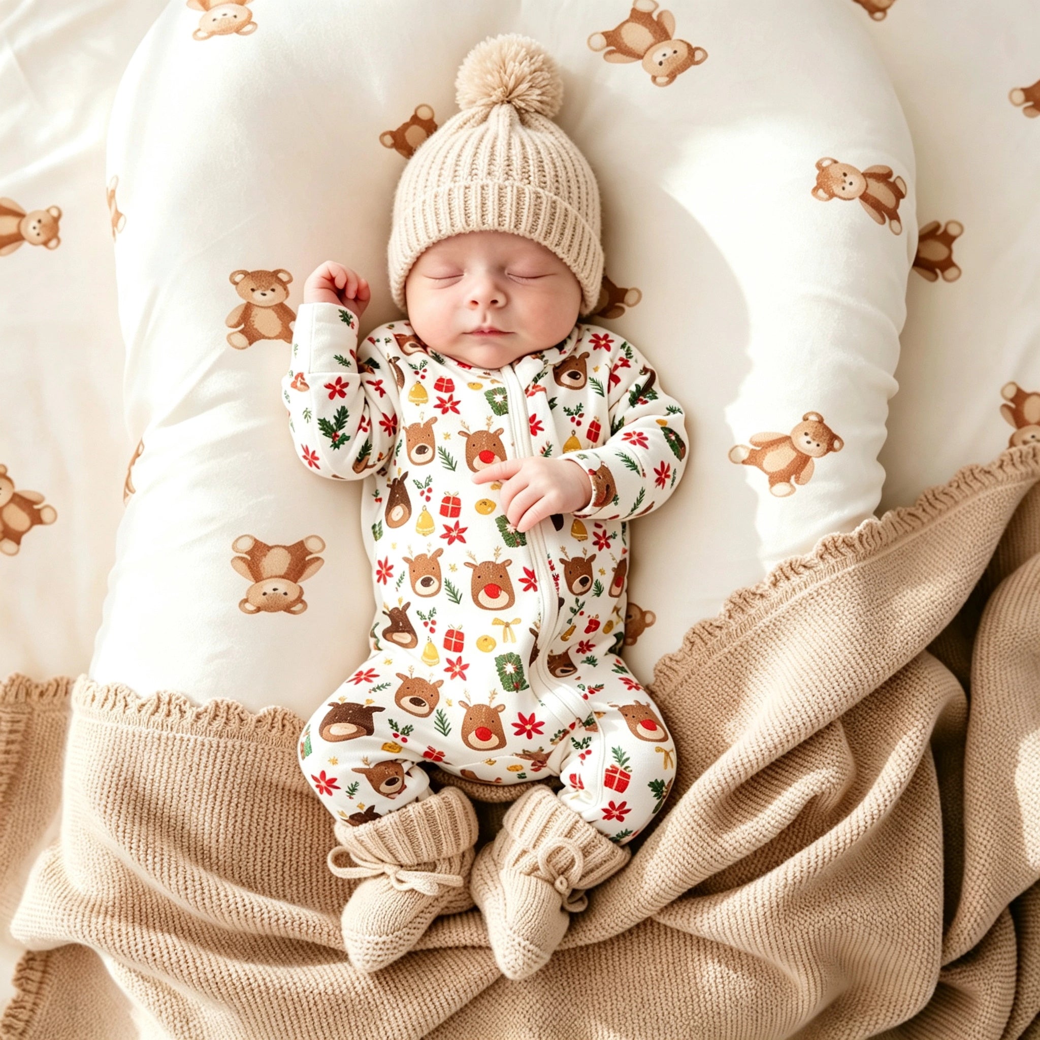 Christmas Reindeer Printed Zipper Long Sleeve Baby Jumpsuit