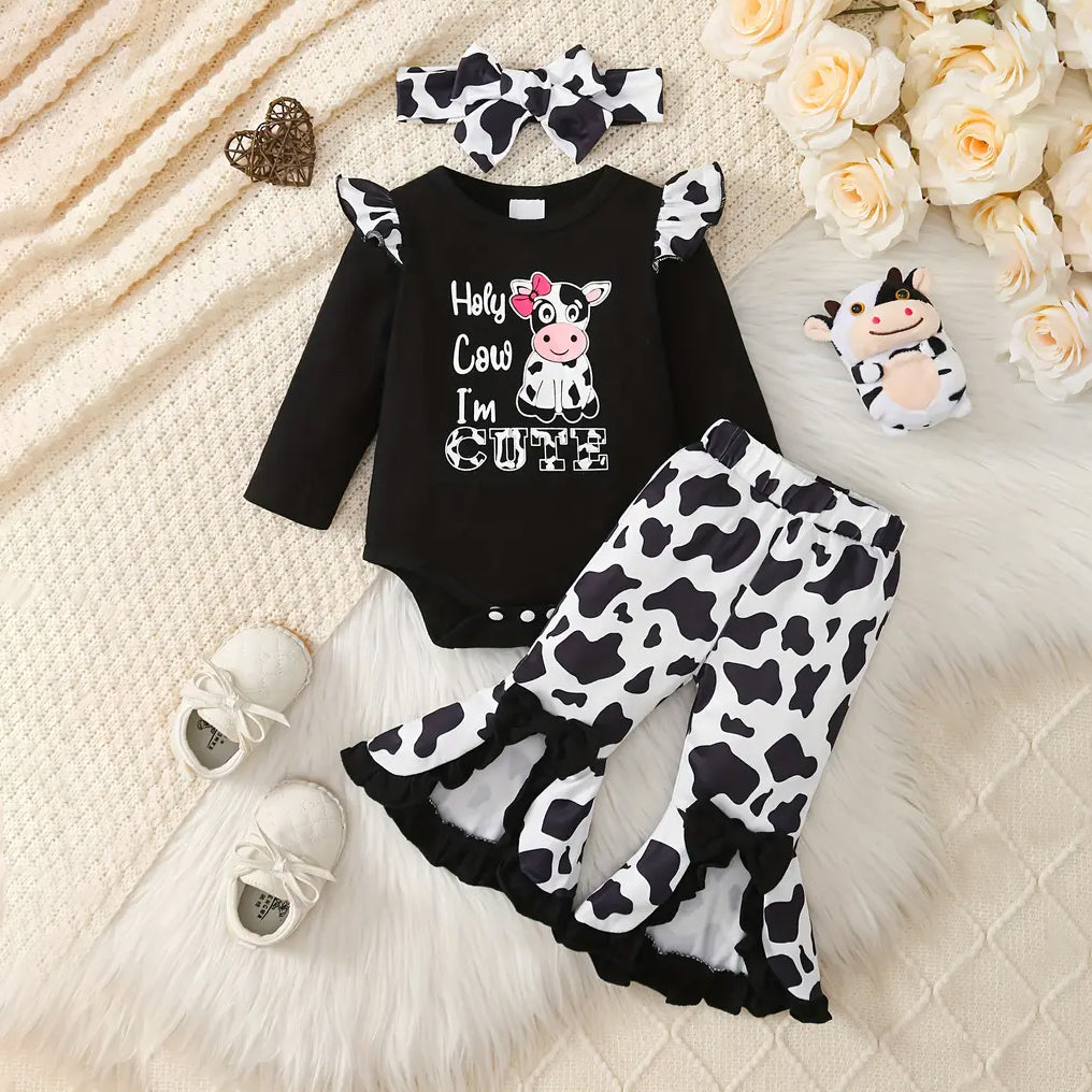 3PCS Lively Holy I'm Cute Cow Printed Baby Set