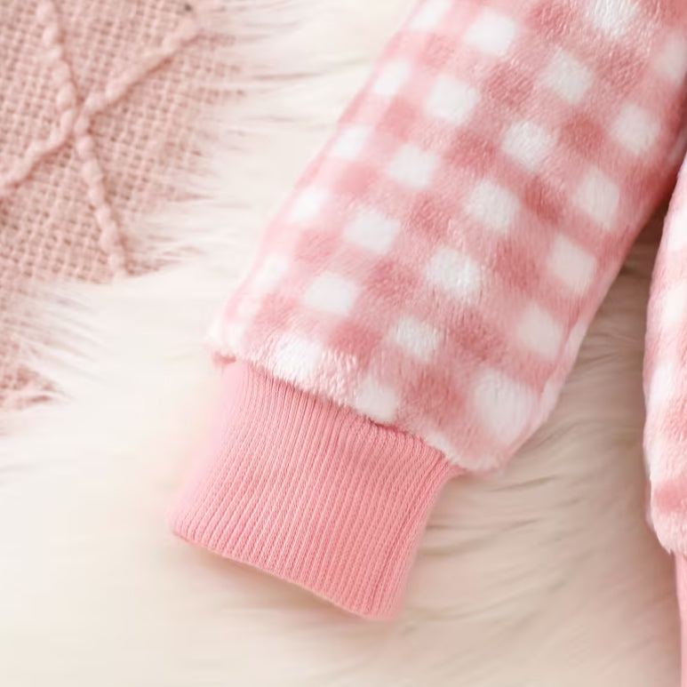 2PCS Fuzzy Plaid Printed Hooded Long Sleeve Baby Set