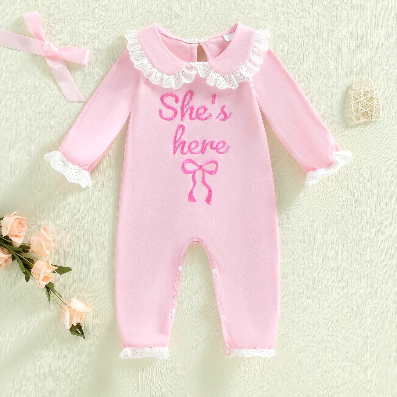 Pretty She's Here Letter Embroidery Long Sleeve Baby Jumpsuit