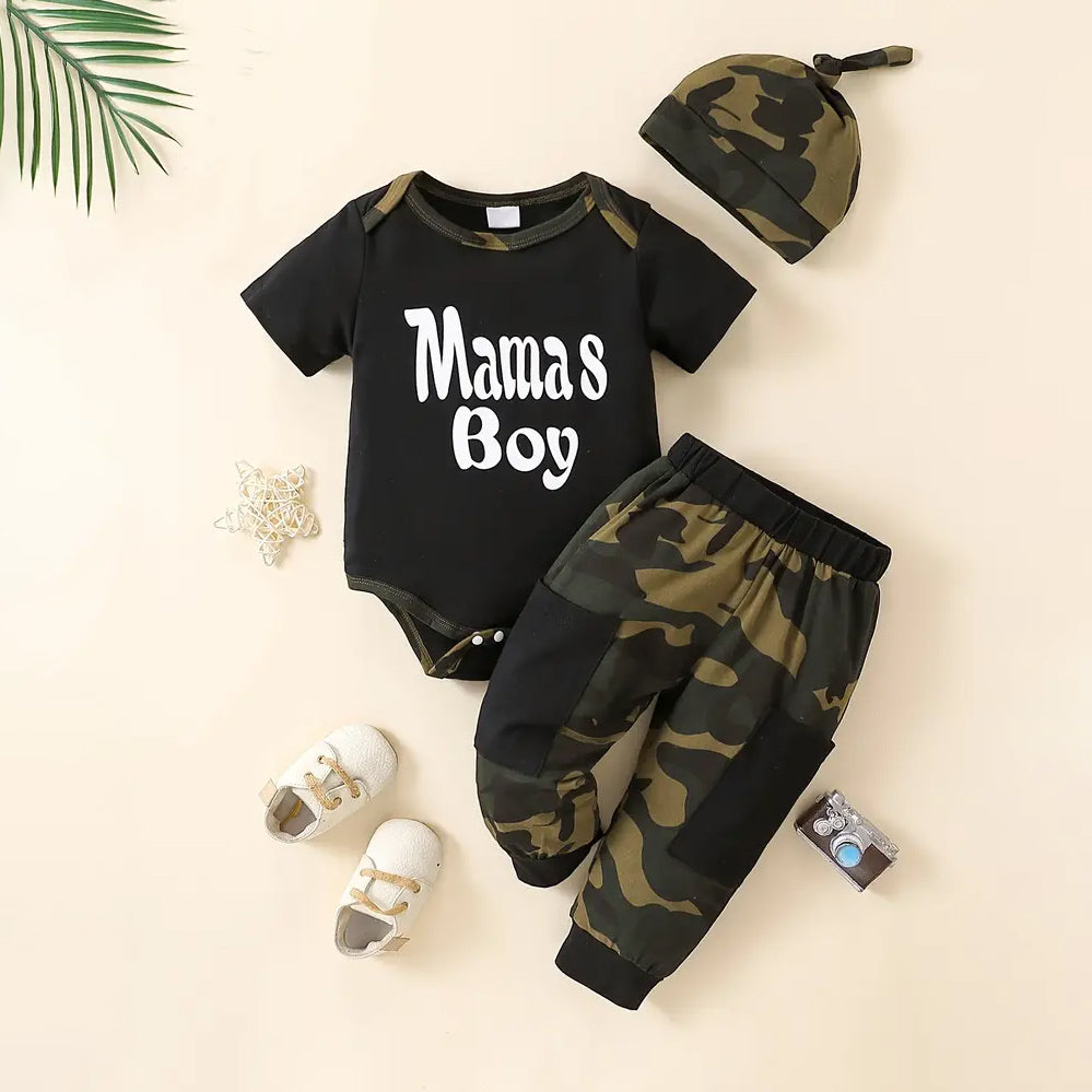 3PCS Mamas Boy Letter Camouflage Printed Short Sleeve Baby Set