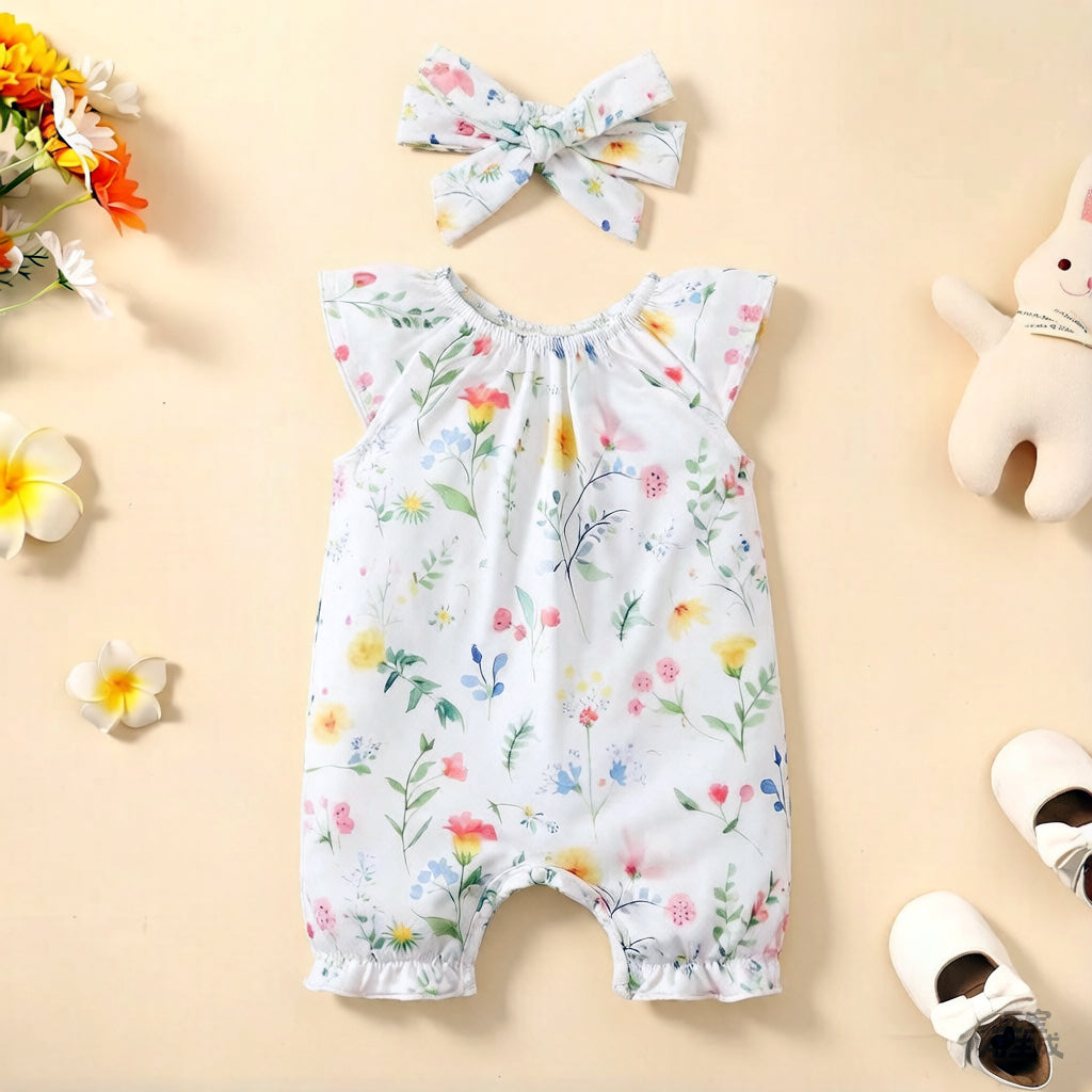 2PCS Fresh Floral & Plant Printed Short Sleeve Baby Jumpsuit