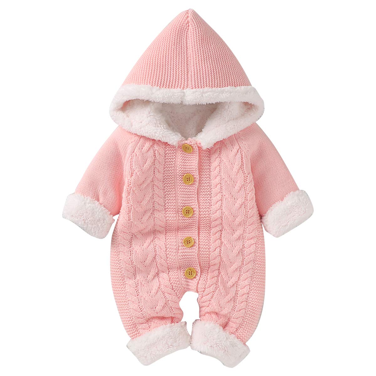 Cozy Solid Color Knitted Plush Hooded Baby Jumpsuit