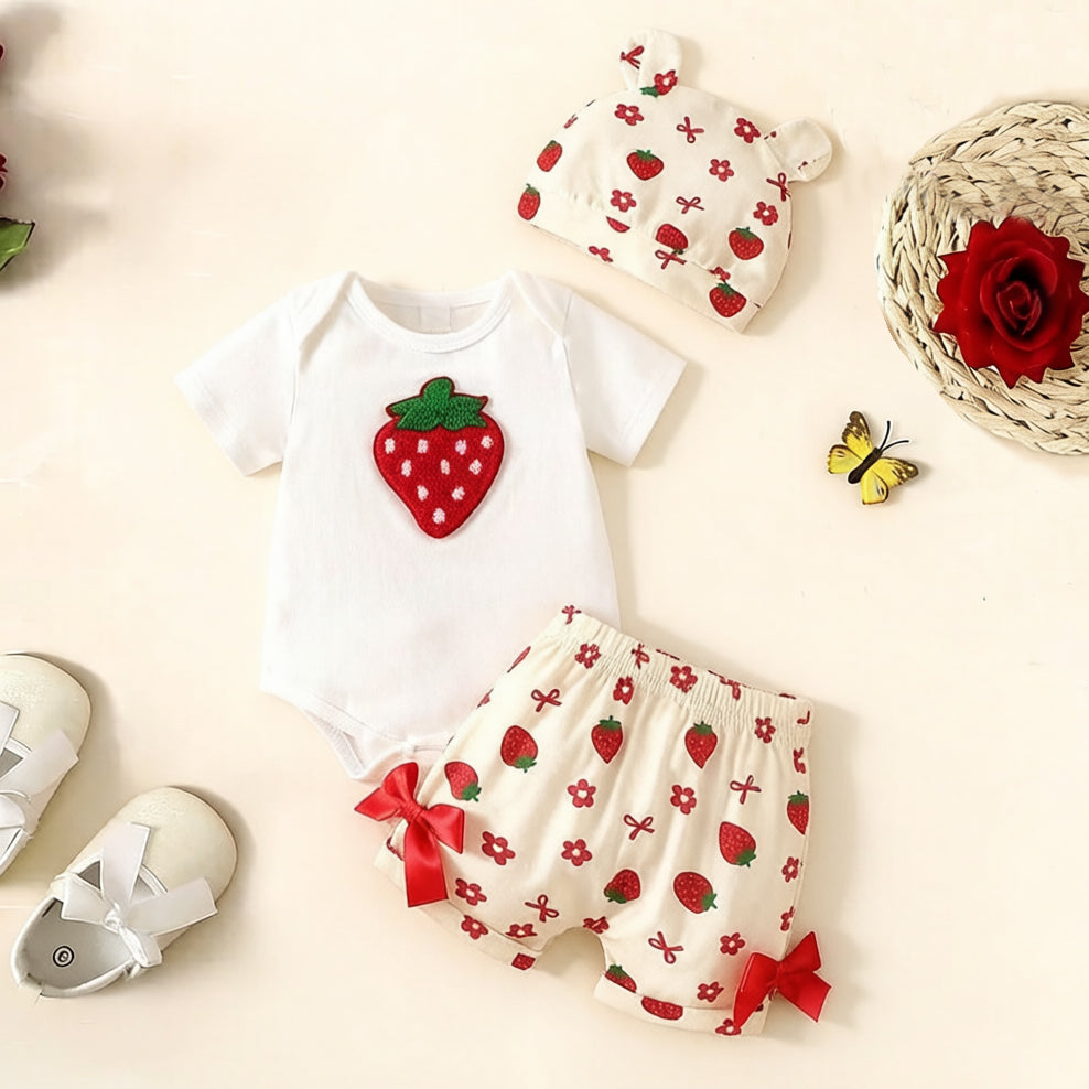 3PCS Lovely Strawberry & Floral Print Short Sleeve Baby Set