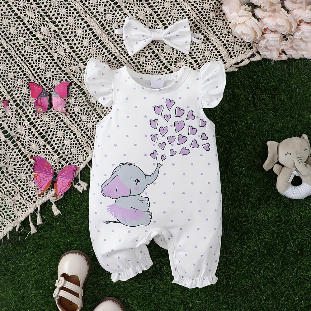 2PCS Cute Elephant and Heart Printed Sleeveless Baby Jumpsuit
