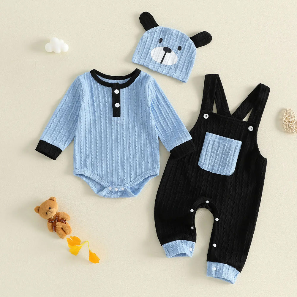 3PCS Cute Bear Print Long Sleeve Baby Overalls Set