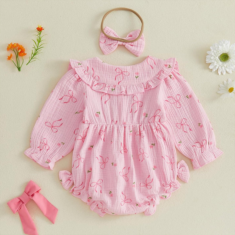 2PCS Adorable Bow Floral Printed Baby Girl Romper