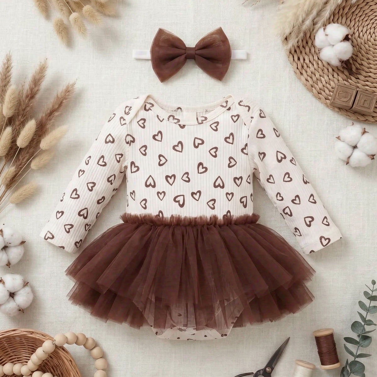2PCS Dreamy Heart Printed Long Sleeve Mesh Baby Romper