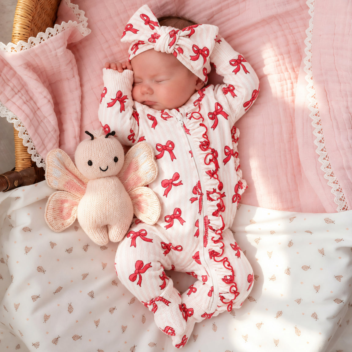 2PCS Lovely Bow and Stripe Printed Long Sleeve Zipper Baby Jumpsuit