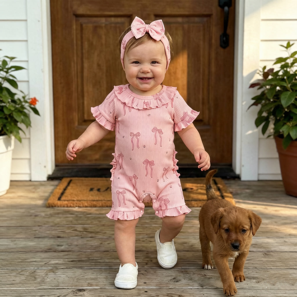2PCS Elegant Bow Print Short Sleeve Baby Jumpsuit