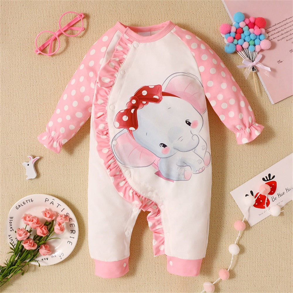 Elephant Polka Dot Print Long Sleeve Baby Jumpsuit