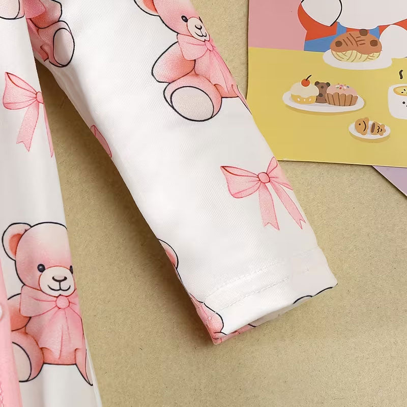 Sweet Bear Bowknot Print Ruffle Long Sleeve Baby Jumpsuit