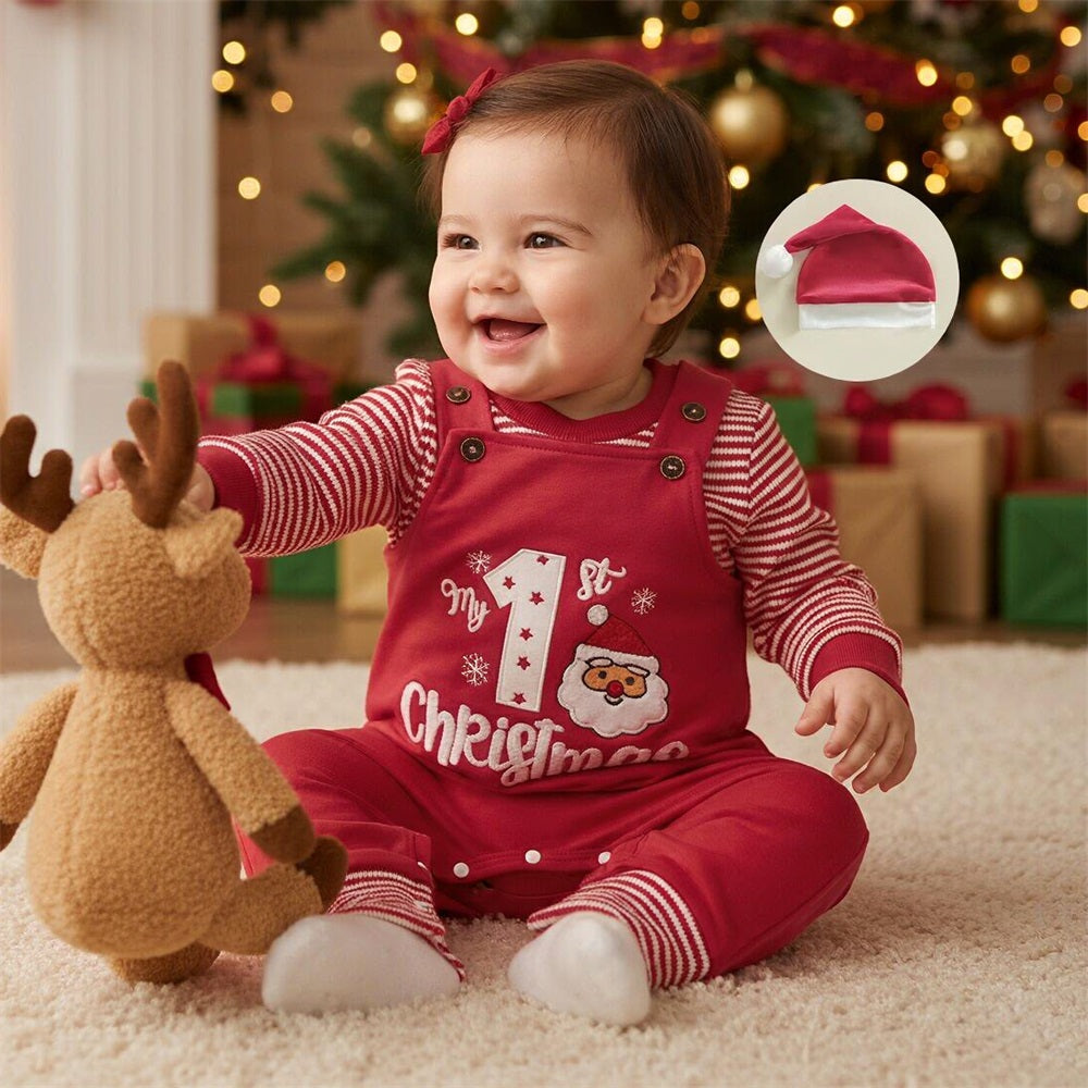 3PCS My First Christmas Letter Embroidery Stripe Print Baby Overalls Set