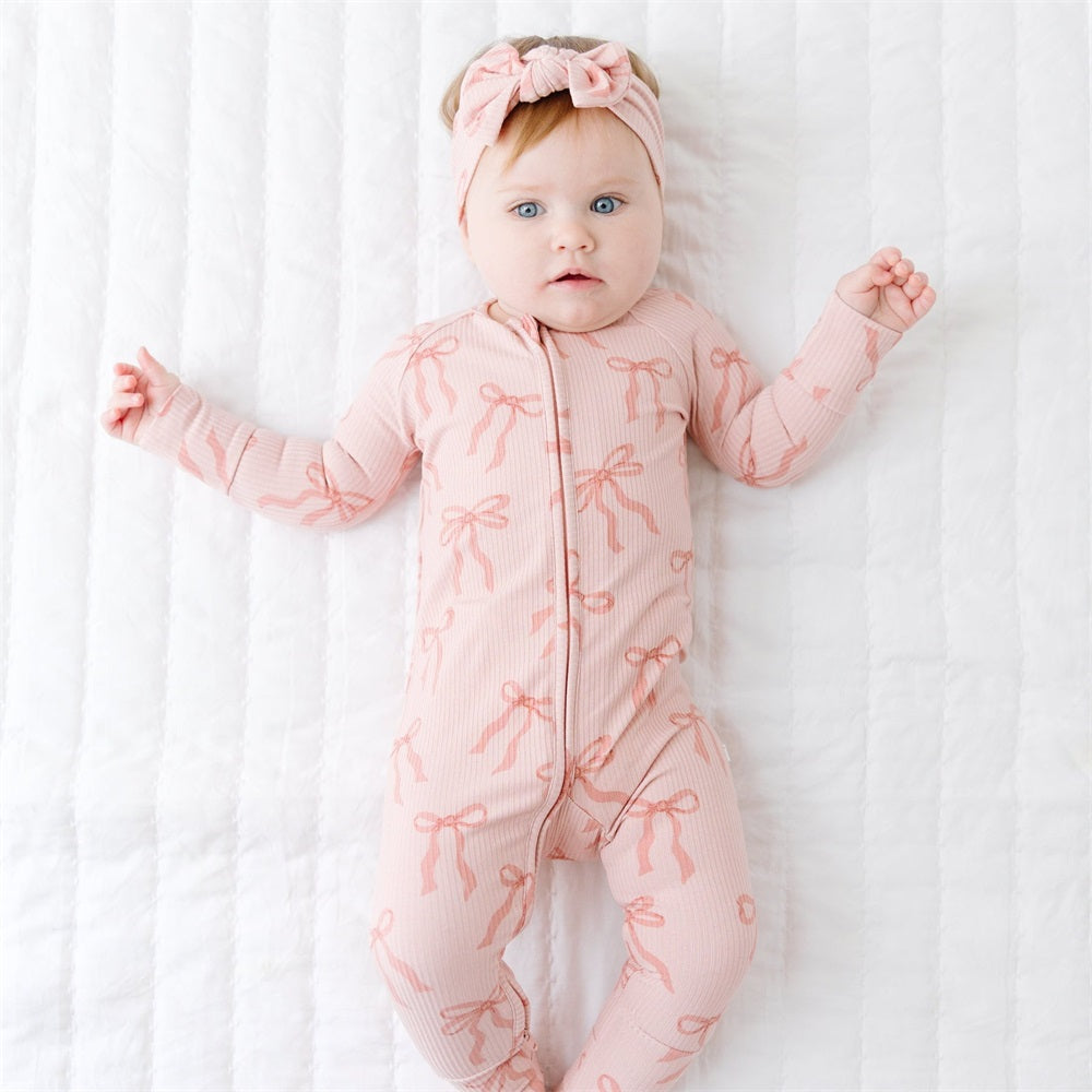 2PCS Bow Print Ribbed Zip Long Sleeve Baby Jumpsuit