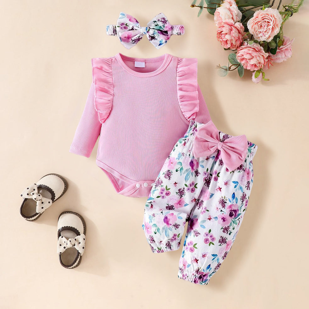 3PCS Pretty Watercolor Floral Printed Bow Decoration Long sleeve Baby Set