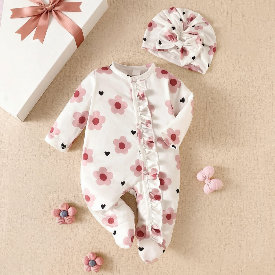 2PCS Elegant Floral Print Long Sleeve Ruffle Baby Jumpsuit