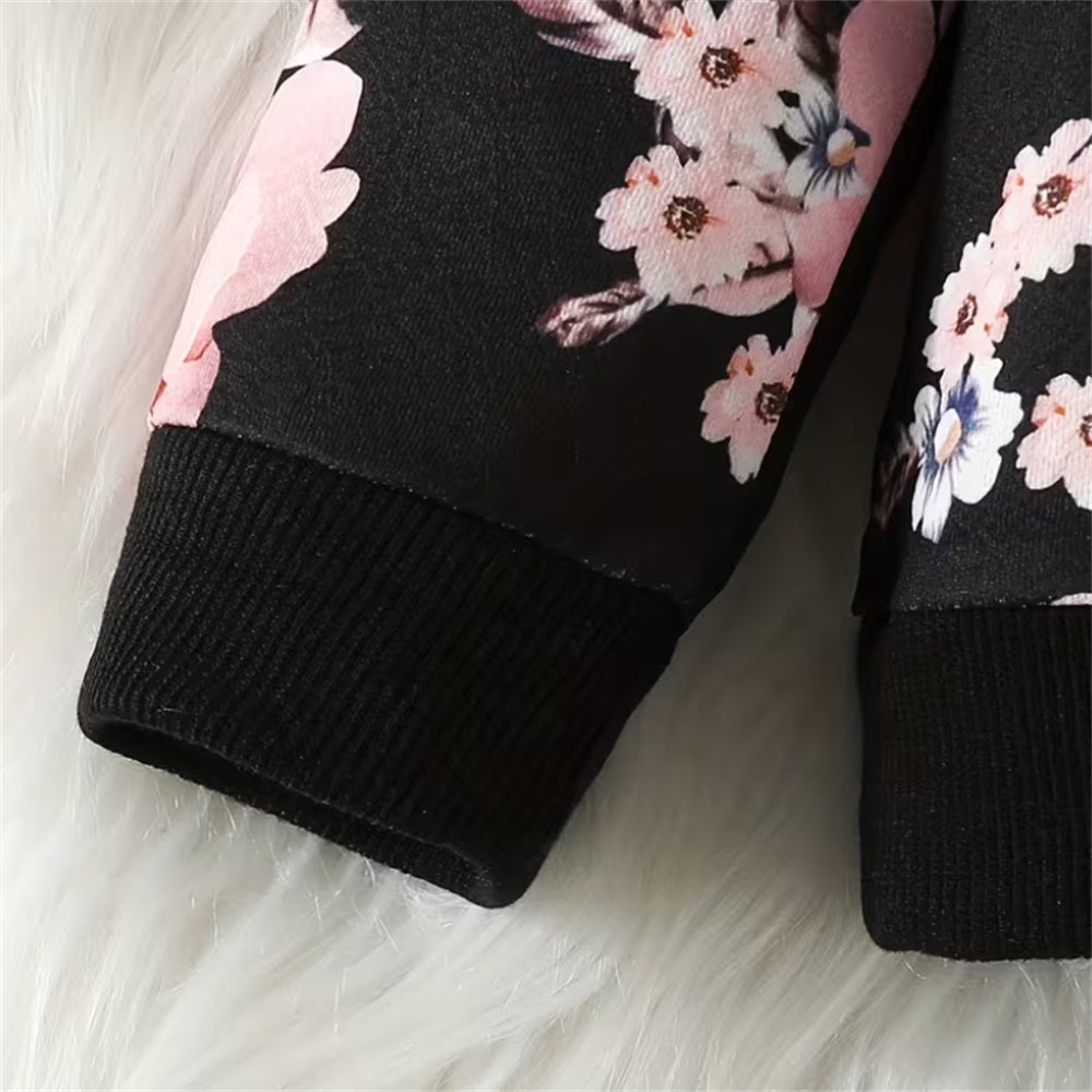 2PCS Stylish Floral Print Long Sleeve Baby Hooded Set