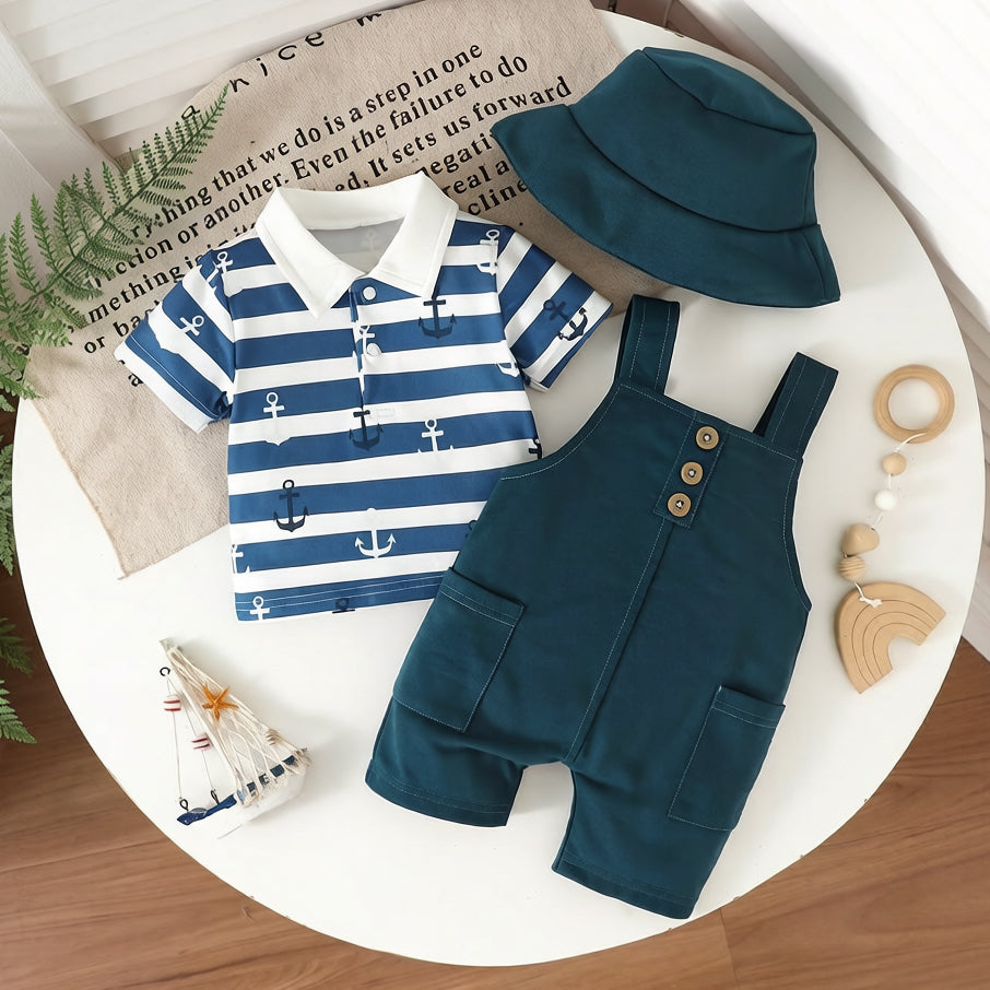 3PCS Cute Anchor Stripe Print Short Sleeve Baby Boy Set