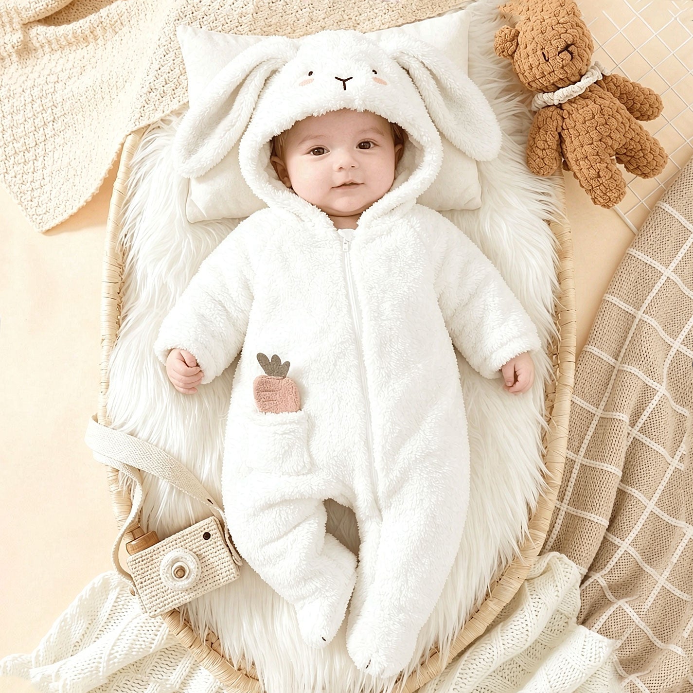 Cute 3D Ear Rabbit with Carrot Pocket Fuzzy Zipper Hoodie Baby Jumpsuit