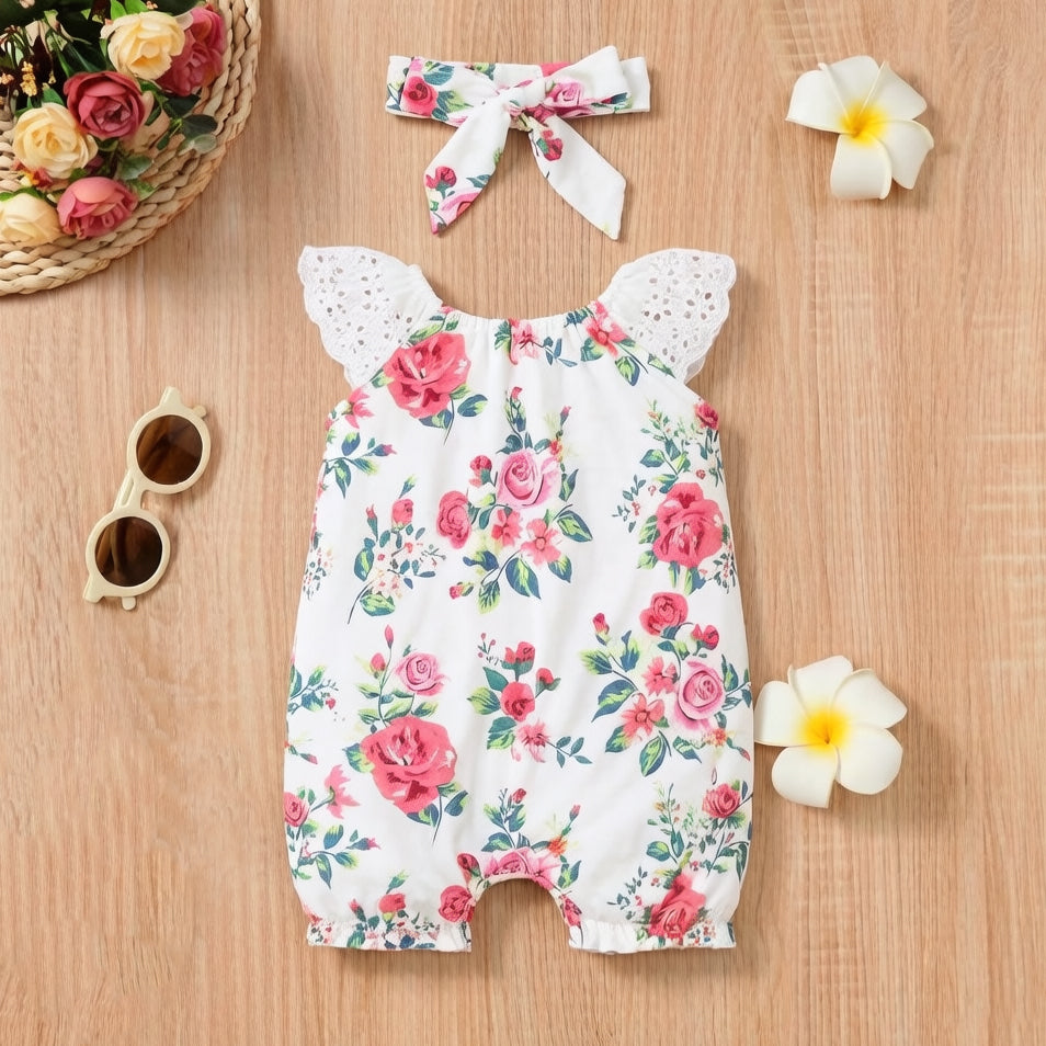 2PCS Classy Floral Print Flutter Sleeve Baby Jumpsuit