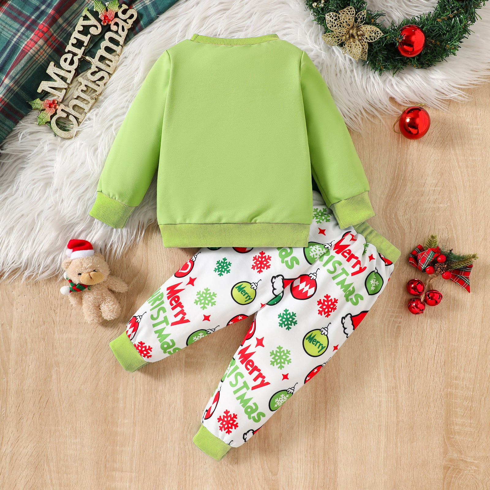 2PCS Merry Christmas Letter Printed Long Sleeve Baby Set