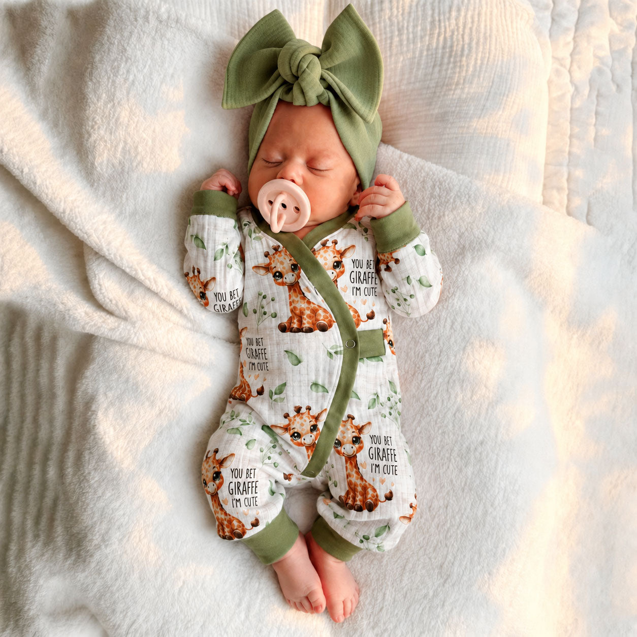 2PCS Bubbly Giraffe Printed Long Sleeve Baby Jumpsuit