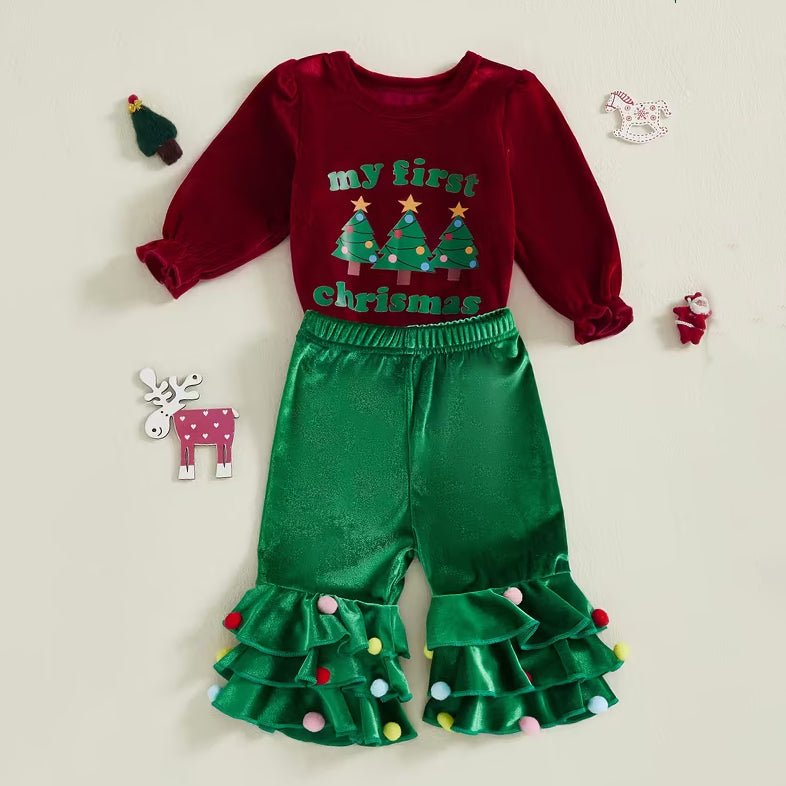 2PCS My First Christmas Tree Letter Printed Velvet Baby Set
