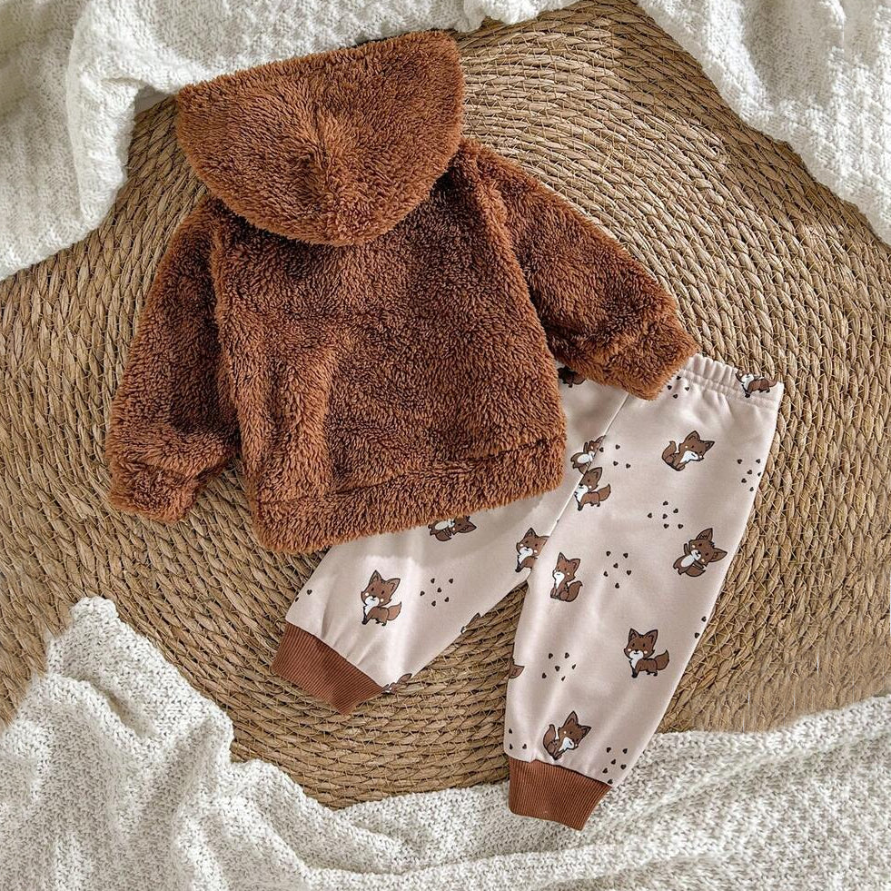 2PCS Ultra-Soft Fox Design Long Sleeve Baby Hoodie Set