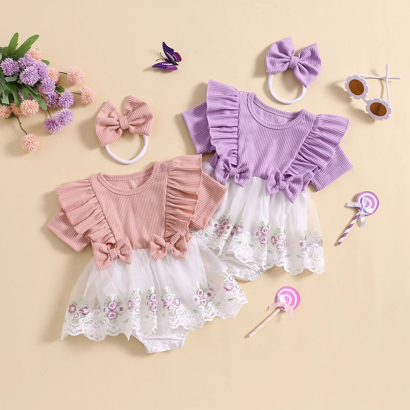 2PCS Floral Embroidery Tulle Patchwork Baby Girl Romper