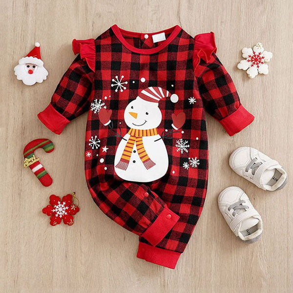 Christmas Snowman Plaid Printed Baby Jumpsuit