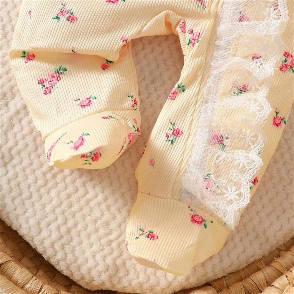 2PCS Lovely Floral Printed Ruffle Lace Zipper Long Sleeve Baby Jumpsuit