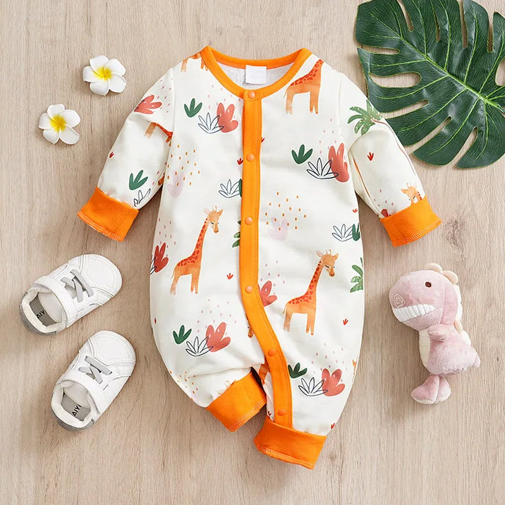 Stylish Cartoon Giraffe Printed Long Sleeve Baby Jumpsuit