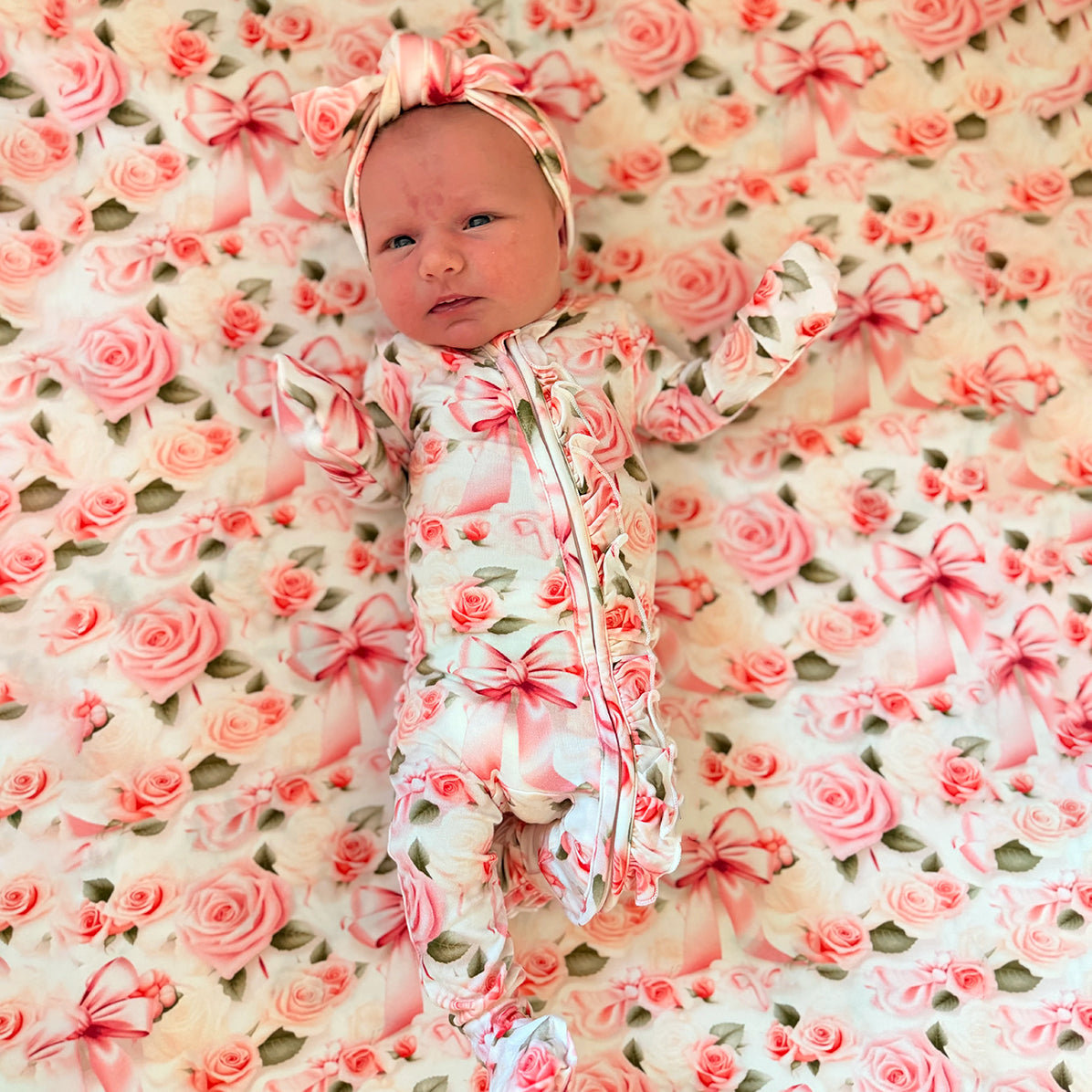 2PCS Pretty Floral & Bow Print Zipper Long Sleeve Baby Jumpsuit