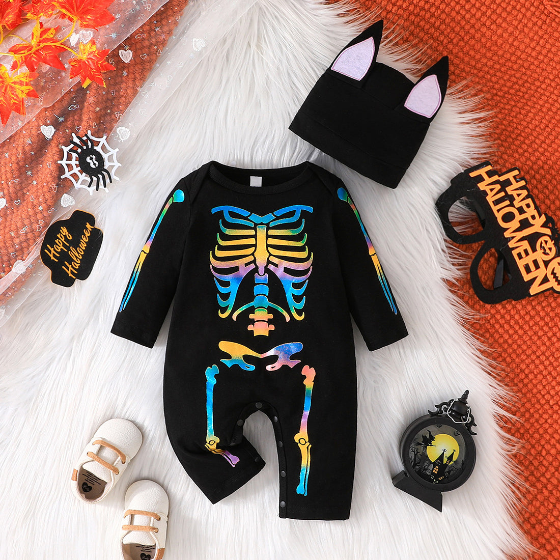 2PCS Halloween Stylish Luminous Skeleton Long Sleeve Baby Jumpsuit