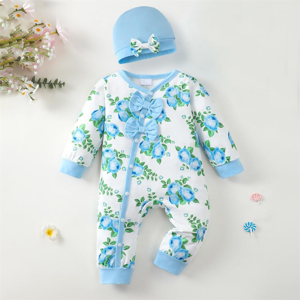 2PCS Cozy Cute Floral Printed Long Sleeve Baby Jumpsuit