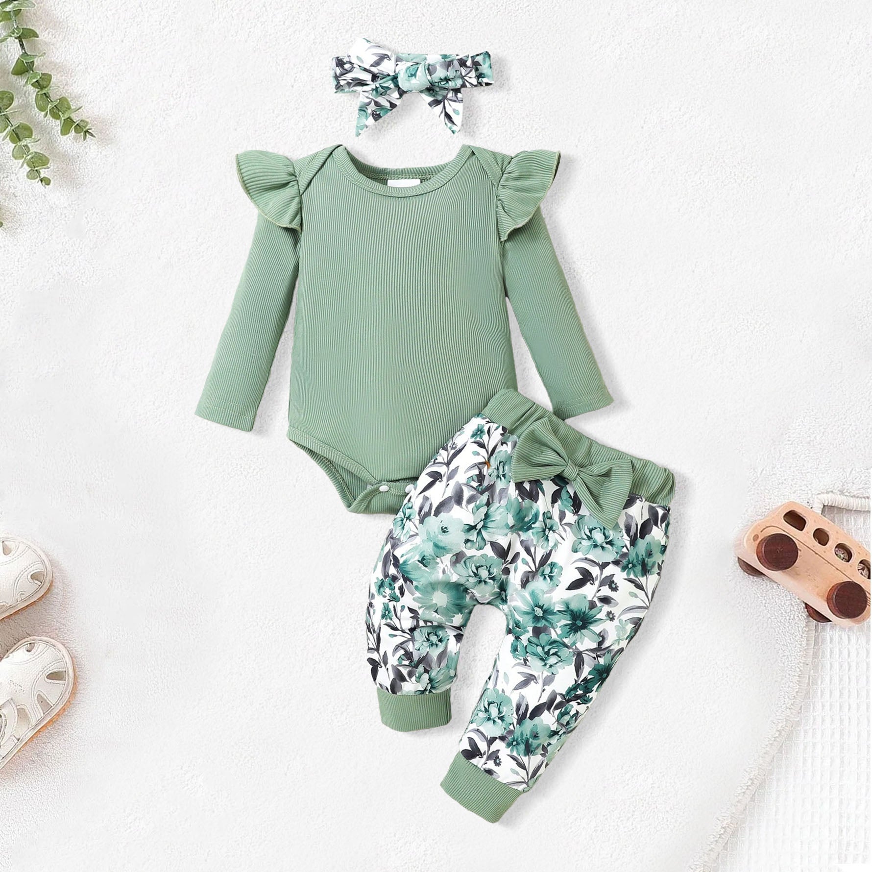 3PCS Pretty Floral Print Long Sleeve Baby Set