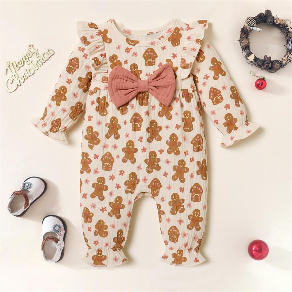 Christmas Gingerbread Print Bow Long Sleeve Baby Jumpsuit
