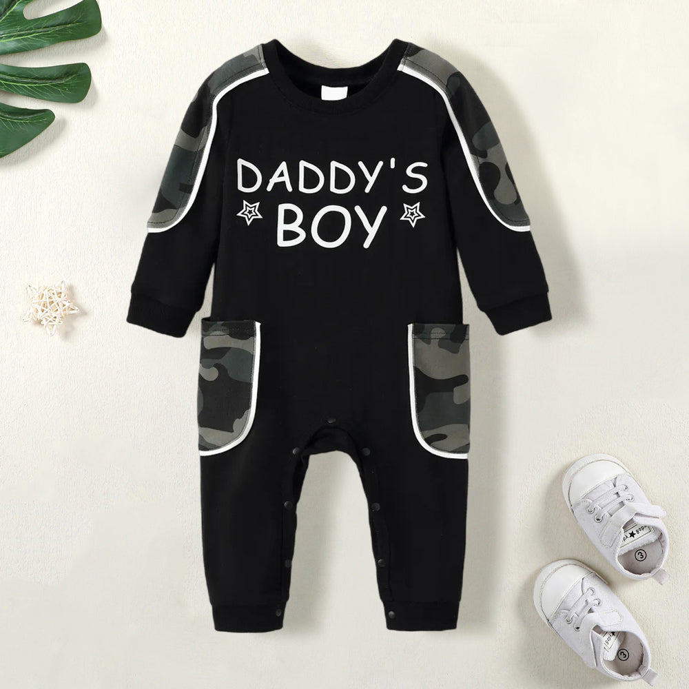 Cool Daddy's Boy Letter Camouflage Printed Baby Jumpsuit