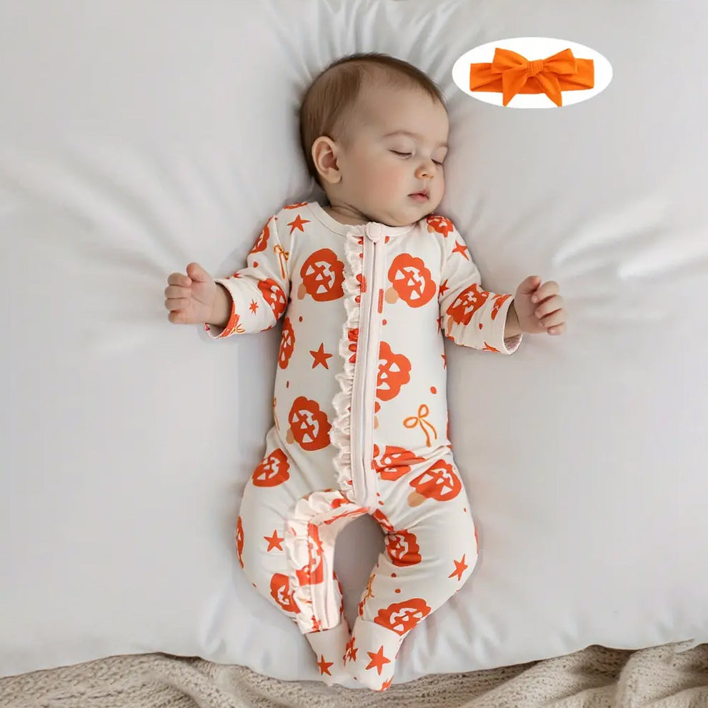 2PCS Pumpkin Print Ruffle Zipper Long Sleeve Baby Jumpsuit