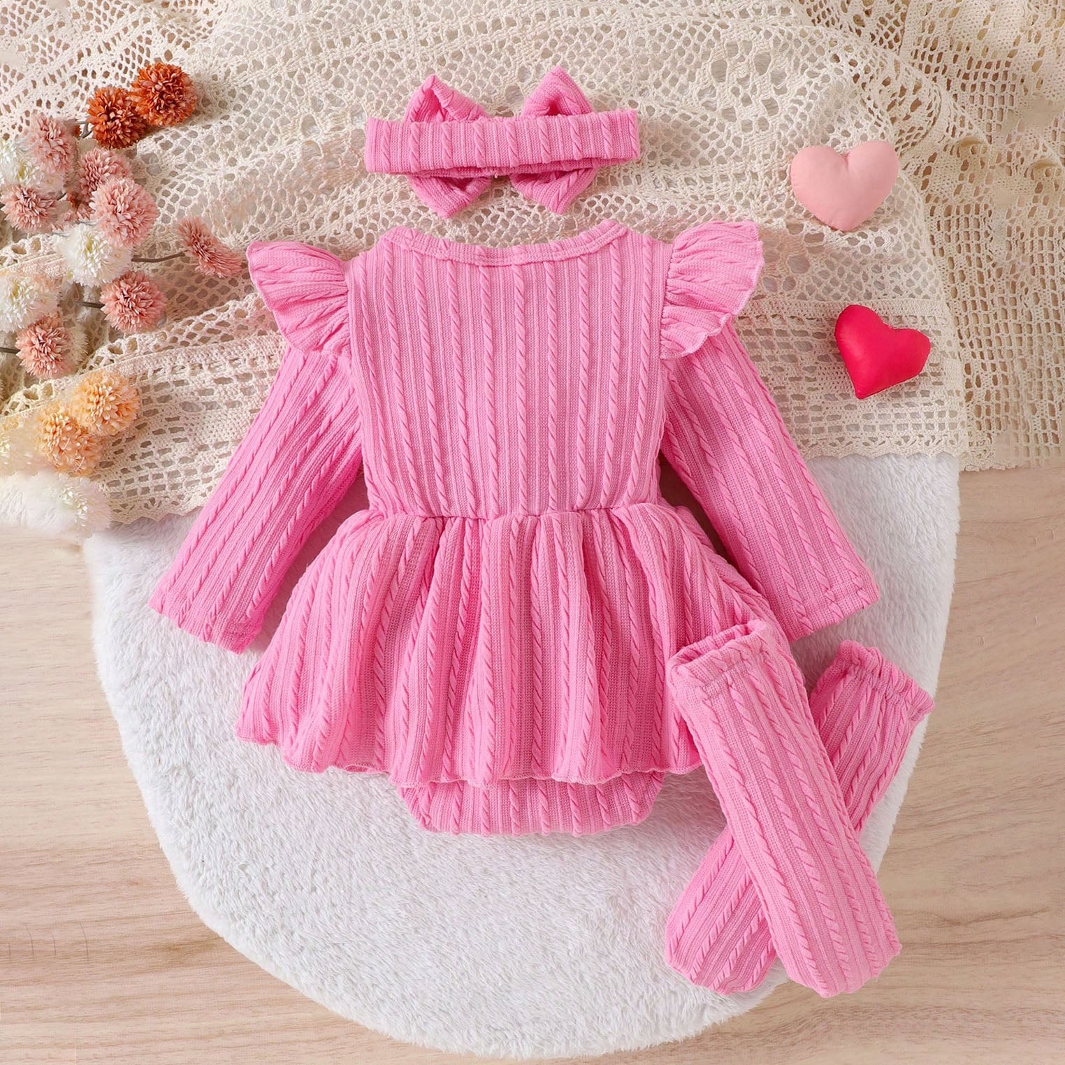 3PCS Solid Color Bow Long Sleeve Baby Girl Romper