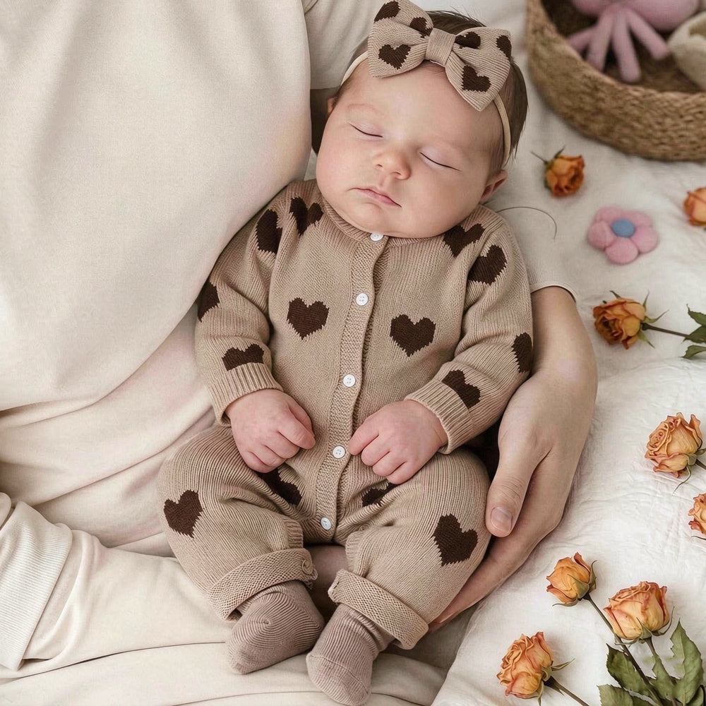 2PCS Autumn/Winter Heart Print Knit Long Sleeve Baby Jumpsuit