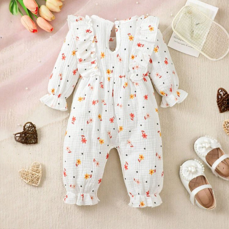 Allover Lovely Floral Printed Bow Long Sleeve Baby Jumpsuit