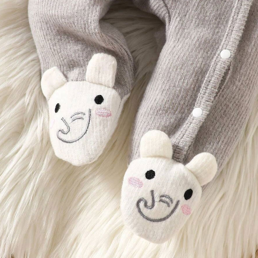 Lovely Elephant Appliqué Knit Long Sleeve Baby Jumpsuit