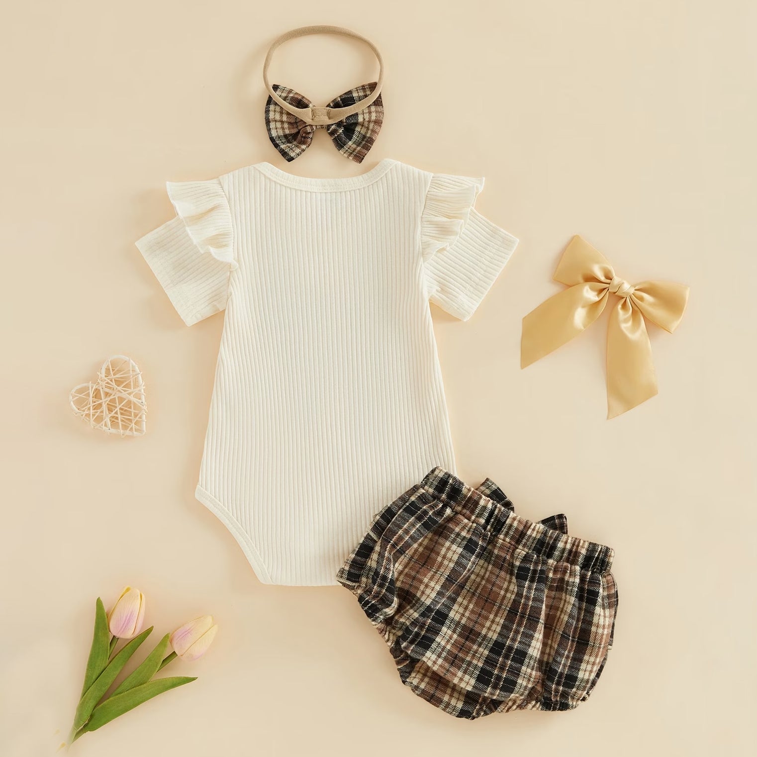 3PCS Mama Is My Bestie Letter Plaid Print Short Sleeve Baby Set