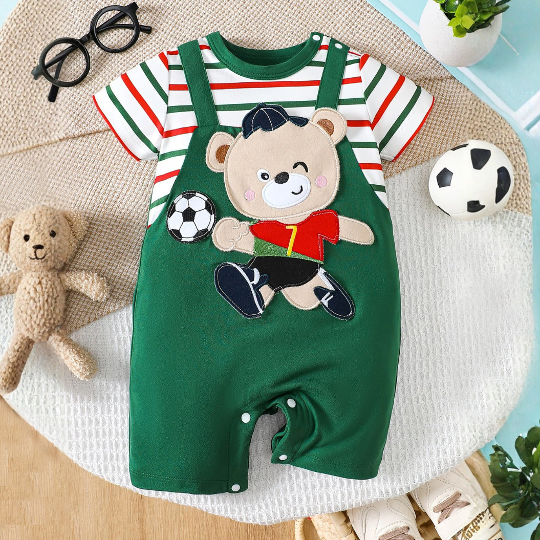 Cute Bear & Stripe Printed Short Sleeve Baby Jumpsuit