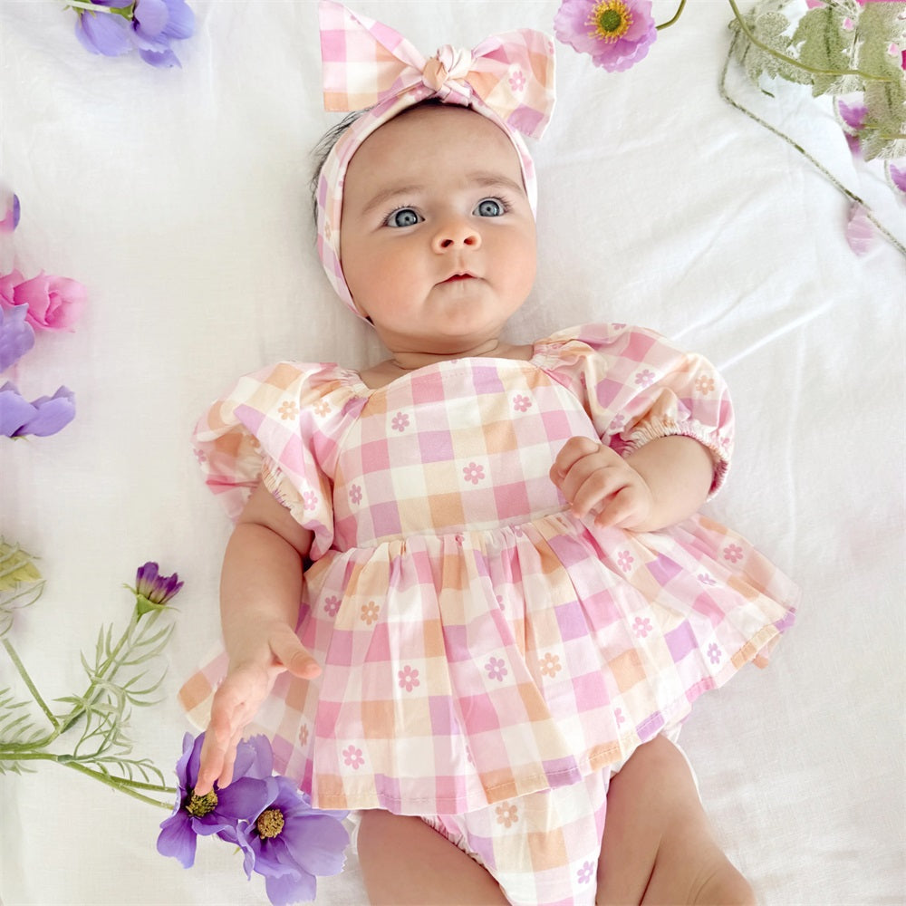 2PCS Sweet Plaid and Floral Printed Short Sleeve Baby Romper