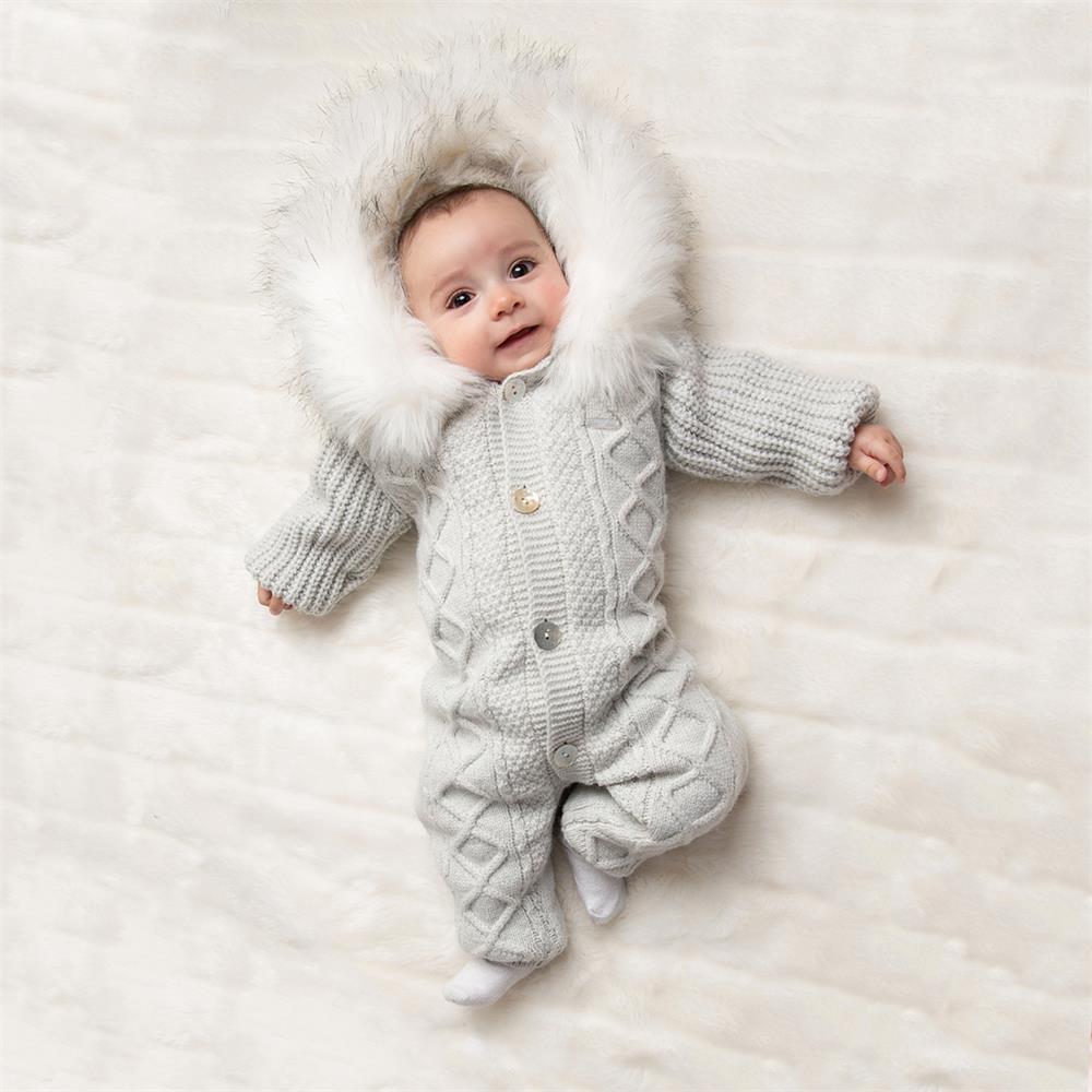 Warm Hooded Knitted Long Sleeve Baby Jumpsuit