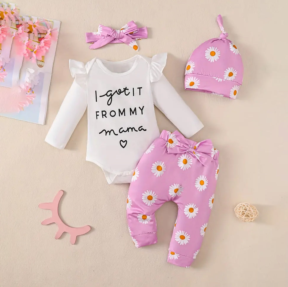 4PCS I Got IT From My Mama Letter Floral Printed Long Sleeve Baby Set