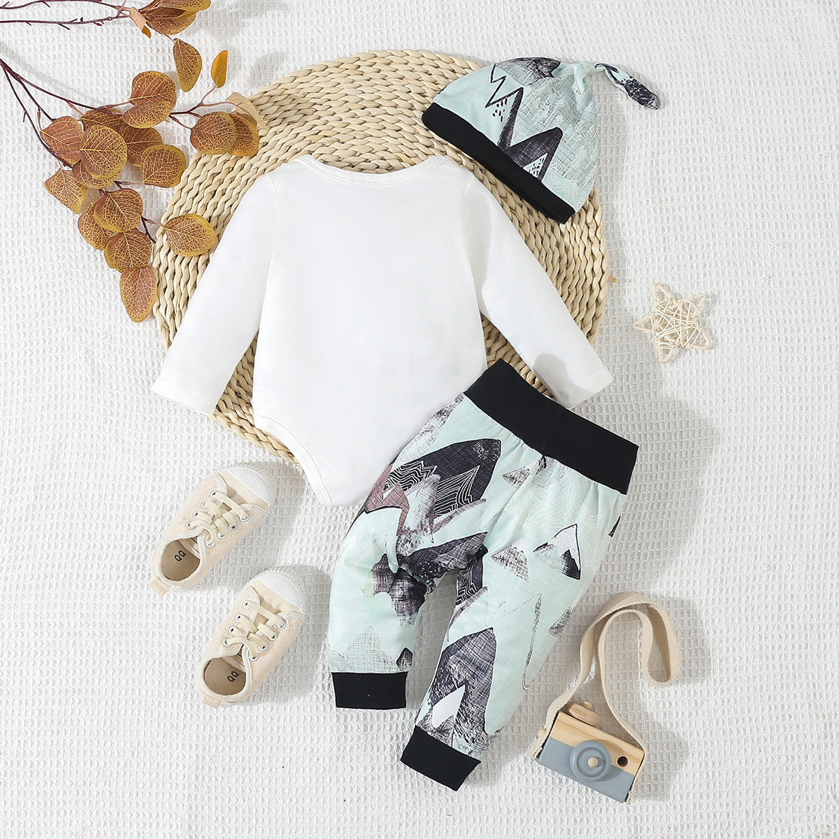 3PCS Camping Crew Letter Mountain Printed Baby Set