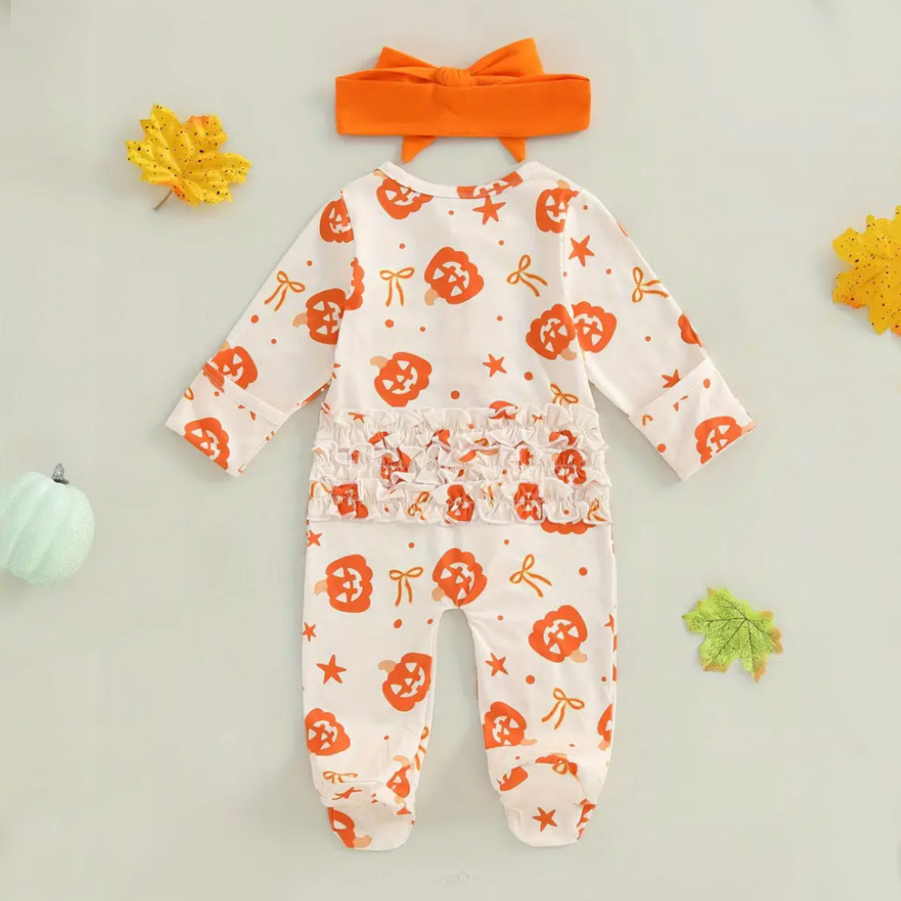 2PCS Pumpkin Print Ruffle Zipper Long Sleeve Baby Jumpsuit